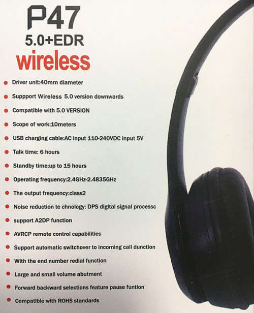 P47 Wireless Bluetooth Stereo Headphones [ USB Charging ] Random Colours