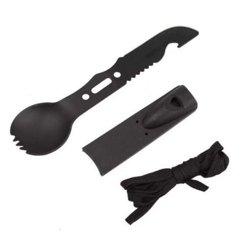 Portable Outdoor Tableware Camping Cutlery Fork Spoon Knife Bottle Opener Whistle