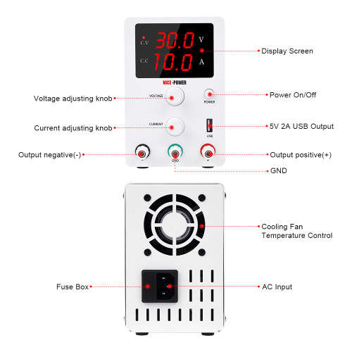 30V 10A Digital Adjustable Switching Power Supply with USB Charging Port