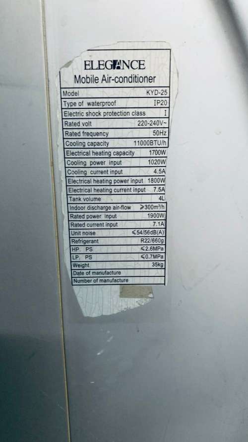 PORTABLE AIRCON UNIT - ELEGANCE 11000BTU