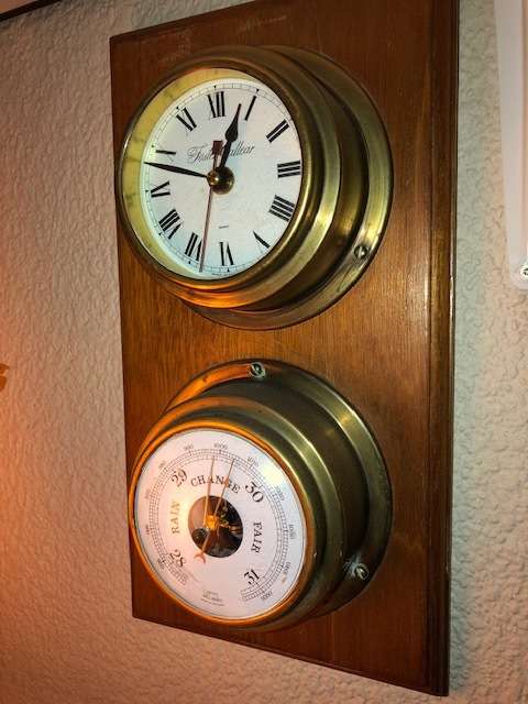 VINTAGE SHIPS SOLID BRASS BAROMETER AND CLOCK ON WOODEN BASE