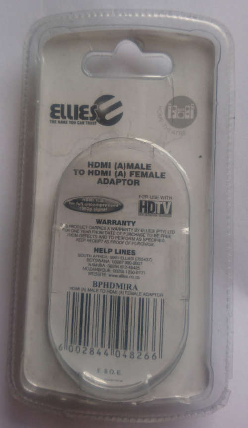 Ellies HDMI Swivel Male (A) to Female (A) Adapter (R20 additional per unit)