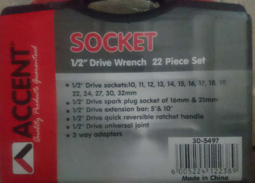 22 Piece Accent 1/2` Socket Wrench Set with 1/4` to 1/2` Adaptor (Dust Qouted CR-V)