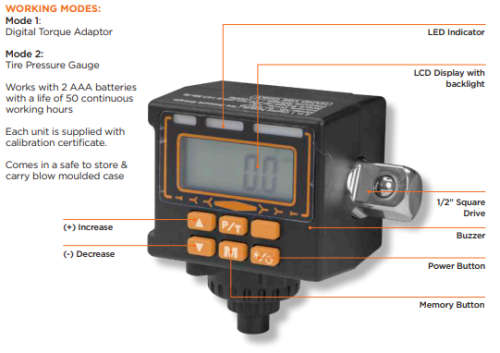 Groz Digital Pressure and Torque Meter (Display - Only 1) TQA-D (1/2`)