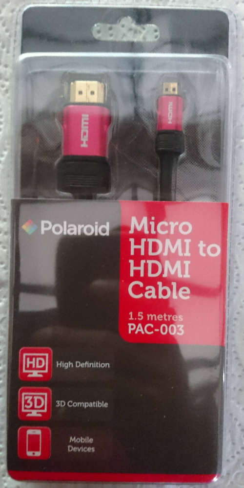 Polaroid 1.5m Micro Hdmi to Hdmi (For Cams/Mobile & Portable Devices with Micro Hdmi) R30 additional