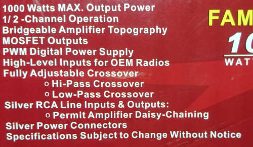 1000W Bridge-able Fire-Worx Auto Amplifier with Cross-Over Adjustment