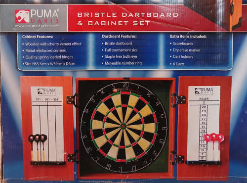 Tournament Size Puma Dart Board + Cherry Veneer Wood Cabinet (Please Read, Minor Cosmetic)