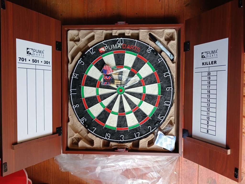 Tournament Size Puma Dart Board + Cherry Veneer Wood Cabinet (Please Read, Minor Cosmetic)