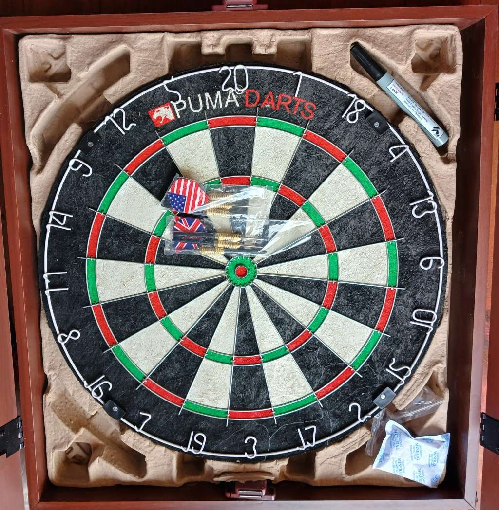 Tournament Size Puma Dart Board + Cherry Veneer Wood Cabinet (Please Read, Minor Cosmetic)