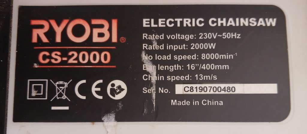 400mm 1800W Ryobi Electric Chainsaw (Require Chain, Display - As New!))