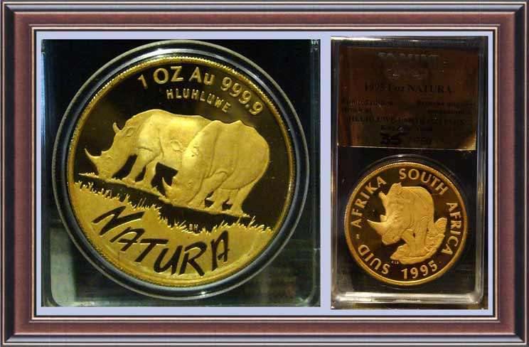 SAM slabbed "Hluhluwe" mint Mark Rhino 1oz natura gold coin