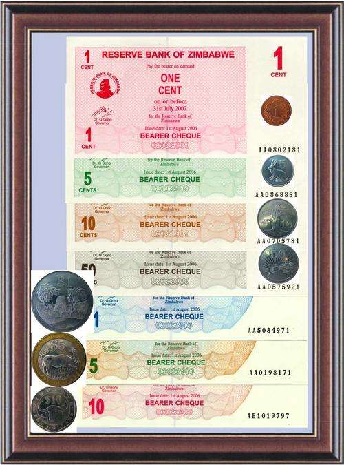 Zimbabwe devaluation Version 6. The 1c - Z$10 with coins