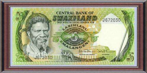 Notaphily 6; Swaziland: (SD14)  E5. Signatures: Dlamini/Oliver (Type 4) 1984-86; P# 9b - Unc