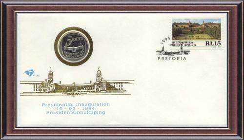 Philately 4  Heads of State- F9c. SA  1994 Mandela  FDC 6.3c with coin