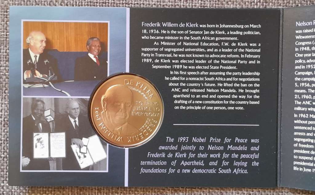 2008 Nelson Mandela & F.W De Klerk coin from Norway Mint