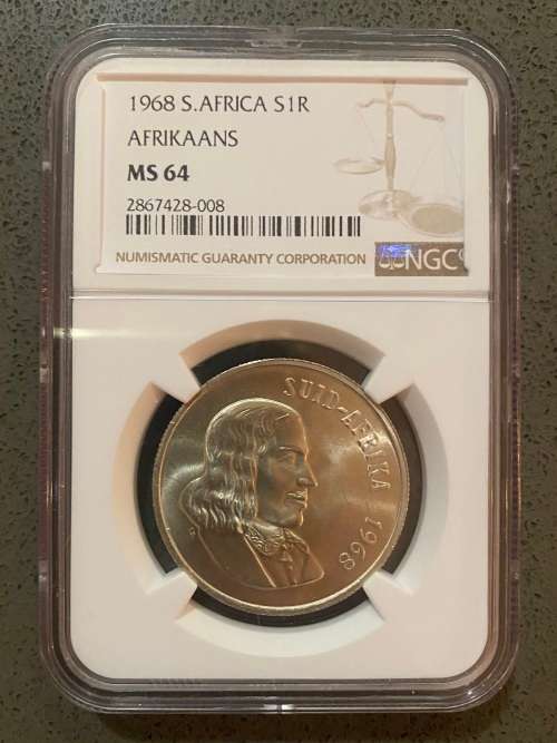 Graded Uncirculated RSA 1968 Afrikaans Silver R1: NGC MS64