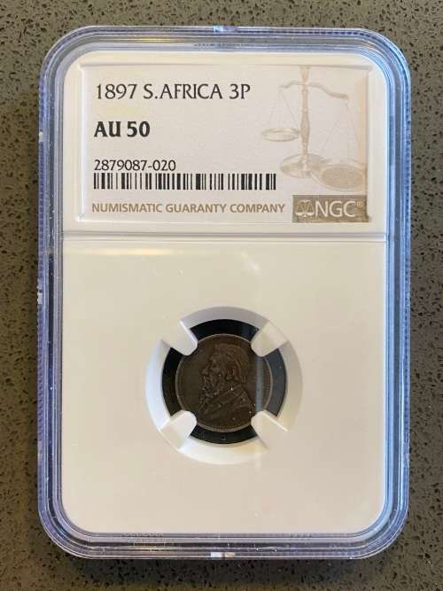 Graded ZAR 1897 Silver Tickey (3P): NGC AU50
