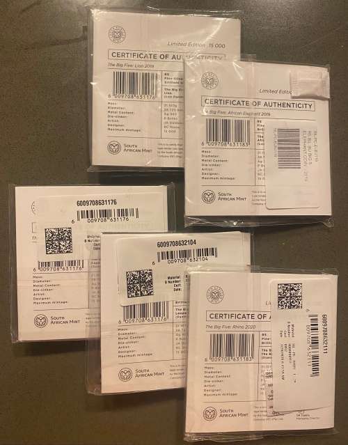 Stunning Complete Collection (5 Coins) of RSA Big 5 Series 1 BU Fine-Silver R5`s