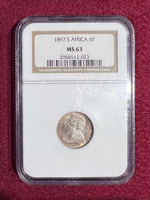 Graded ZAR 1897 Silver Sixpence (6P): NGC MS63