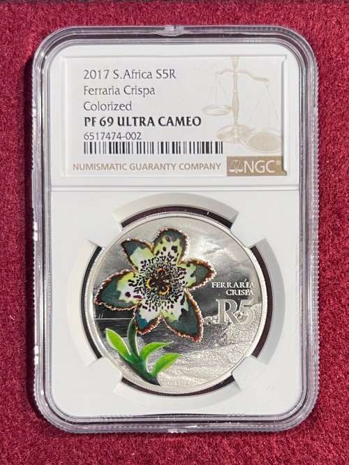 Graded RSA 2017 Western Cape Biosphere Proof Silver R5 Ferraria crispa: NGC PF69UC