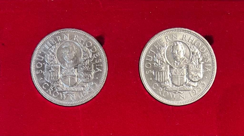 Pair of Rhodesia 1953 Uncirculated Crowns (5s) BOTH VARIATIONS - Bid per Coin
