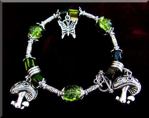 HIPPIE CHIC!!!  TIBETAN SILVER  MUSHROOM & BUTTERFLY CHARM BRACELET WITH SHELL & GLASS BEADS