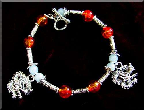 BEAUTIFUL TIBETAN SILVER DRAGON CHARMS, GENUINE AQUAMARINE  AND CRYSTAL BEADS