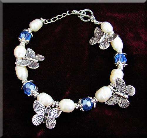 CLASSIC!!!  TIBETAN SILVER BUTTERFLY CHARM BRACELET WITH GENUINE  CRYSTALS AND FRESH WATER PEARLS