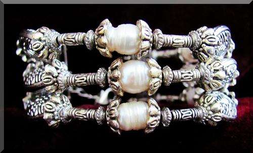 BEAUTIFUL!!! TRIPLE BRACELET WITH GENUINE FRESHWATER PEARL AND TIBETAN SILVER