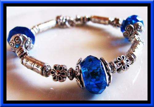 STUNNING!!! Bracelet with BLUE Glass Euro Charms- 925 Sterling Silver Core And  Tibetan Silver!!!