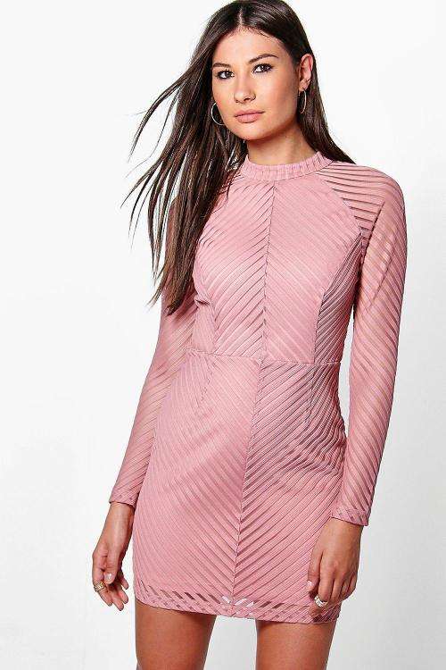 Boutique Kylie Mesh Stripe Bodycon Dress BLUSH- Size 12 (36) Imported from UK)