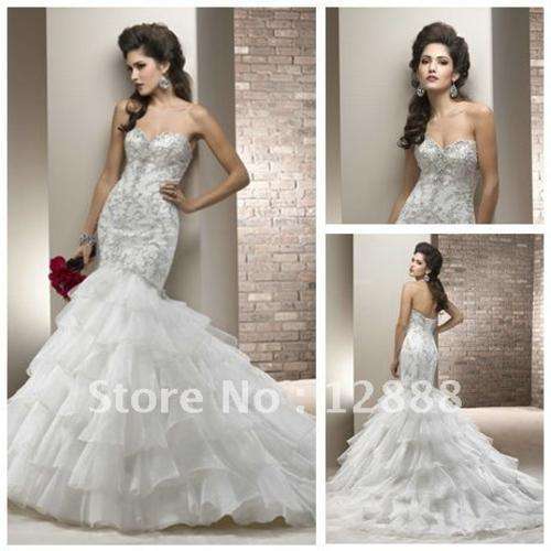FREE SHIPPING-Ivory Organza Silver Decoration Sweetheart Mermaid 2013 Wedding Dre - US Size 2 to 24W