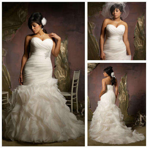 Free Shipping - Ivory Organza Ruffle Skirt Mermaid Plus Size Wedding Dress - US Size 2 to 24W