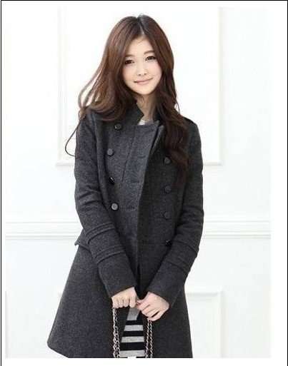 Free Shipping women's long design slim Wool Blends Double-breasted Winter Coat ,Gray Black