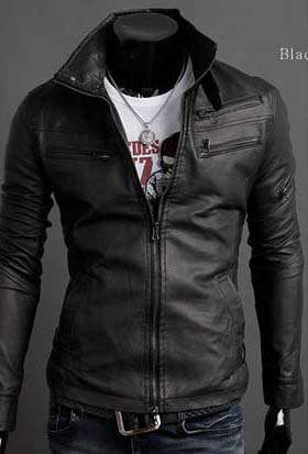 New Zipper Stand Collar PU Men's Jacket Black