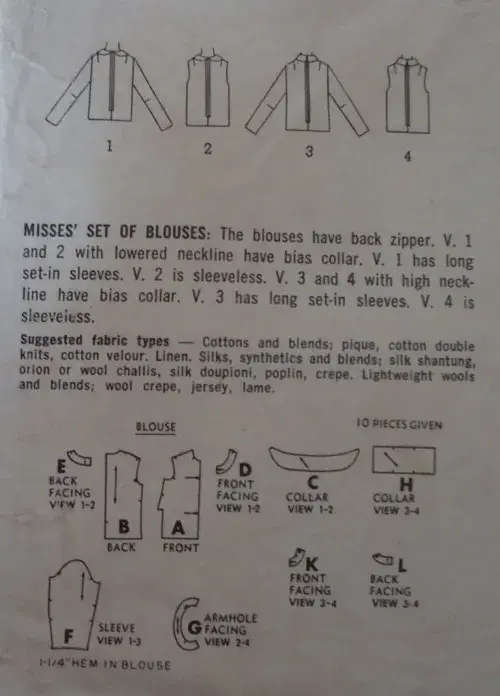 VINTAGE SIMPLICITY 6845 SET OF BLOUSES SIZE 10 BUST 31` COMPLETE-ZIPLOC BAG