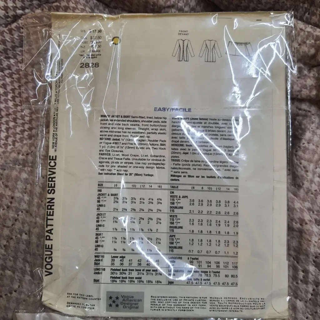 PATTERN VOGUE 2828 (DKNY)(UNUSED) - JACKET and SKIRT (SIZE 12-14-16)