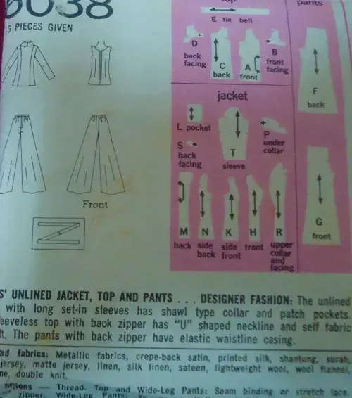 SIMPLICITY 6038 DESIGNER FASHION-JACKET-TOP-PANTS SIZE 16 BUST 38` COMPLETE-ZIPLOC BAG