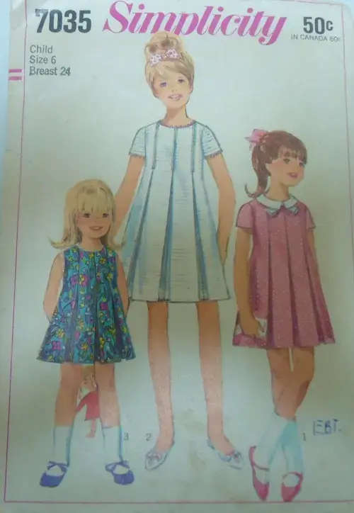 VINTAGE SIMPLICITY 7035 GIRL`S ONE PIECE DRESS SIZE 6 YEARS BREAST 24` COMPLETE - ZIPLOC BAG