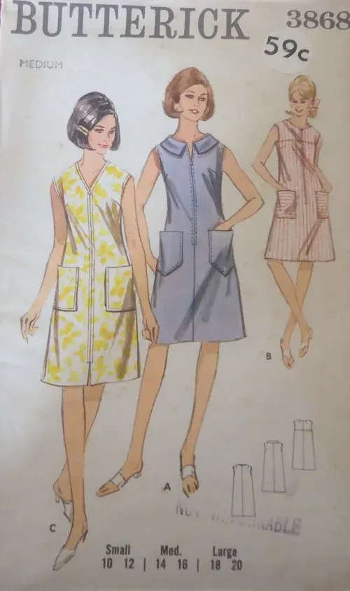 VINTAGE IBUTTERICK 3868 ONE PIECE DRESS SIZE MEDIUM 12 - 14 COMPLETE-NO SEWING INSTRUCTIONS
