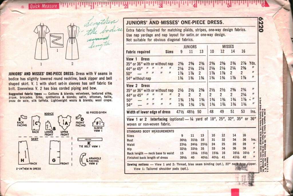 RARE FIND* SIMPLICITY 6220 - 6220 Vintage Simplicity Sewing Pattern Misses 1960`s One Piece Dress 16