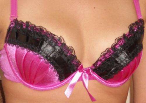 Pink Rose bra with beautiful black lace trimming; 36B/40B