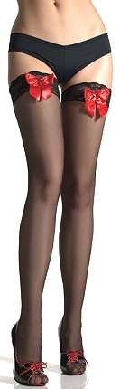 SEXY BLACK THIGH HIGHS WITH BLACK LACE AND RED SATIN BOWS!