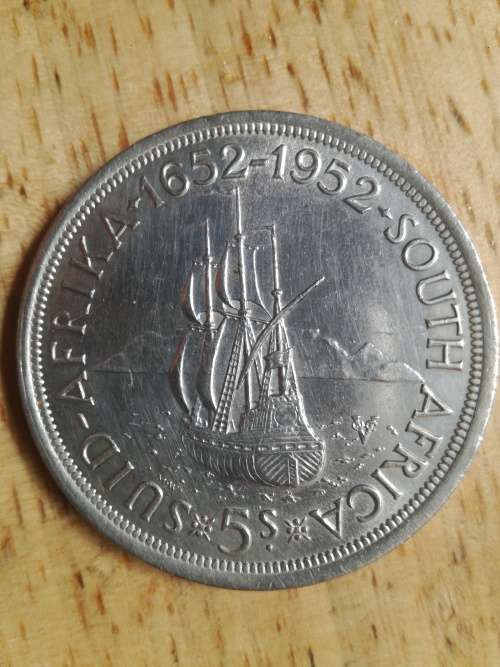 1952 SOUTH AFRICA 300th Cape Town Riebeeck w SHIP Silver 5 Shillings Coin i73874