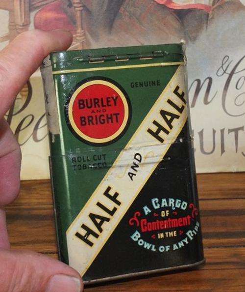 Half and Half tobacco tin, old, slim, Burley & Bright, advertising COMPANY LOGO.