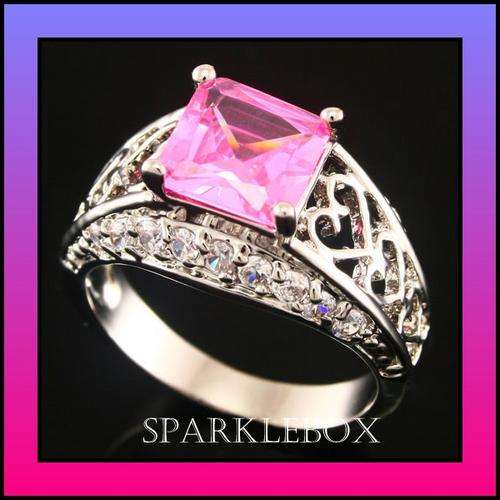 ***STUNNING PINK CZ PRINCESS CUT BAND RING***SIZE 8 ONLY
