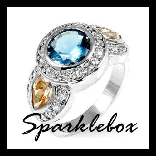 **!!SALE!!**Silvertone Aquamarine & Champagne Cocktail CZ ring**SIZE 10