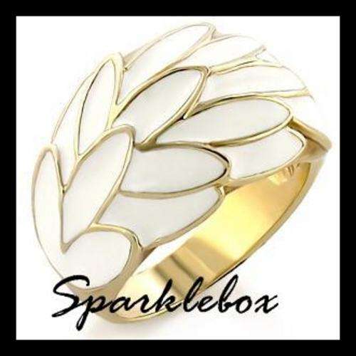 **Unique White Enamel GoldTone Thick Band Ring**SIZE 8