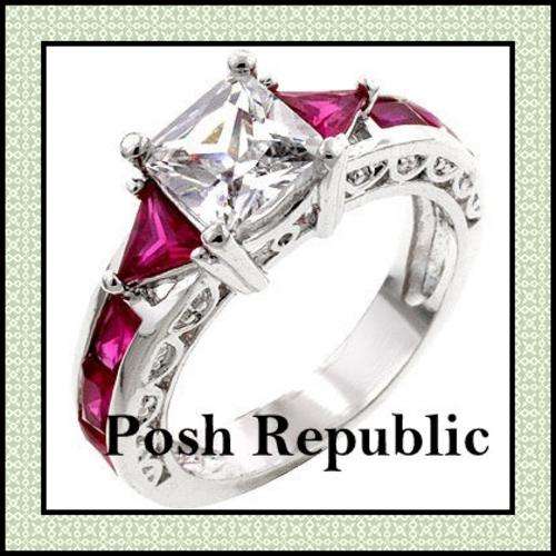 ***R99 STARTING PRICE***White Gold Rhodium Bonded with Radiant and Trillion Cut Rose Pink CZ: SIZE 7