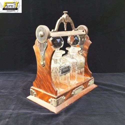 RARE Antique Oak Cased Tantalus set with Double Cut Glass Decanters - England - Original